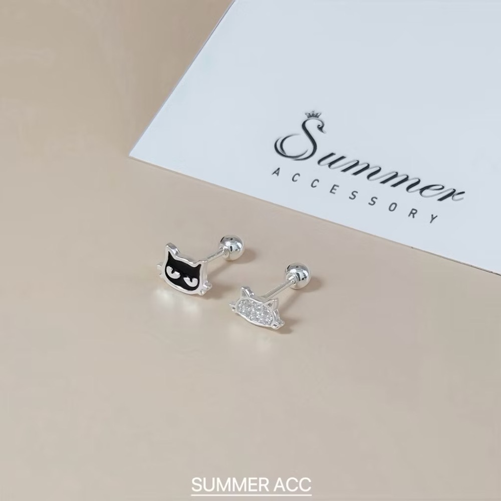 SUMMER 銀飾💫［S999足銀］韓系療癒<黑白貓咪協奏曲>小黑貓轉珠耳環 鎖珠式耳環 耳骨耳環 純銀耳環 純銀飾品-細節圖5
