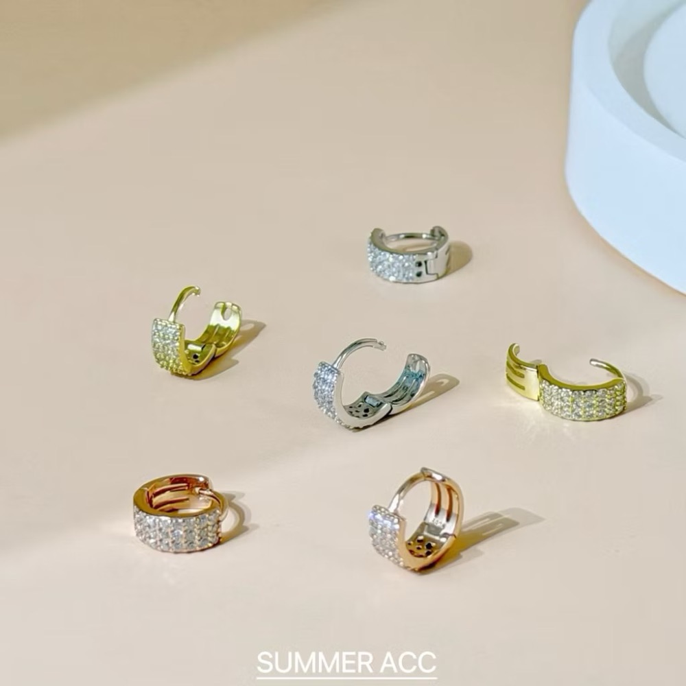 SUMMER韓 銀飾💫［925純銀］輕奢高級感 正韓易扣式 貼耳 極致寛版排鑽耳扣耳環 超閃 純銀耳環 純銀飾品-細節圖6
