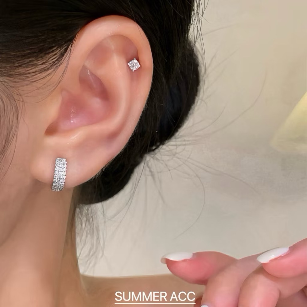 SUMMER韓 銀飾💫［925純銀］輕奢高級感 正韓易扣式 貼耳 極致寛版排鑽耳扣耳環 超閃 純銀耳環 純銀飾品-細節圖7