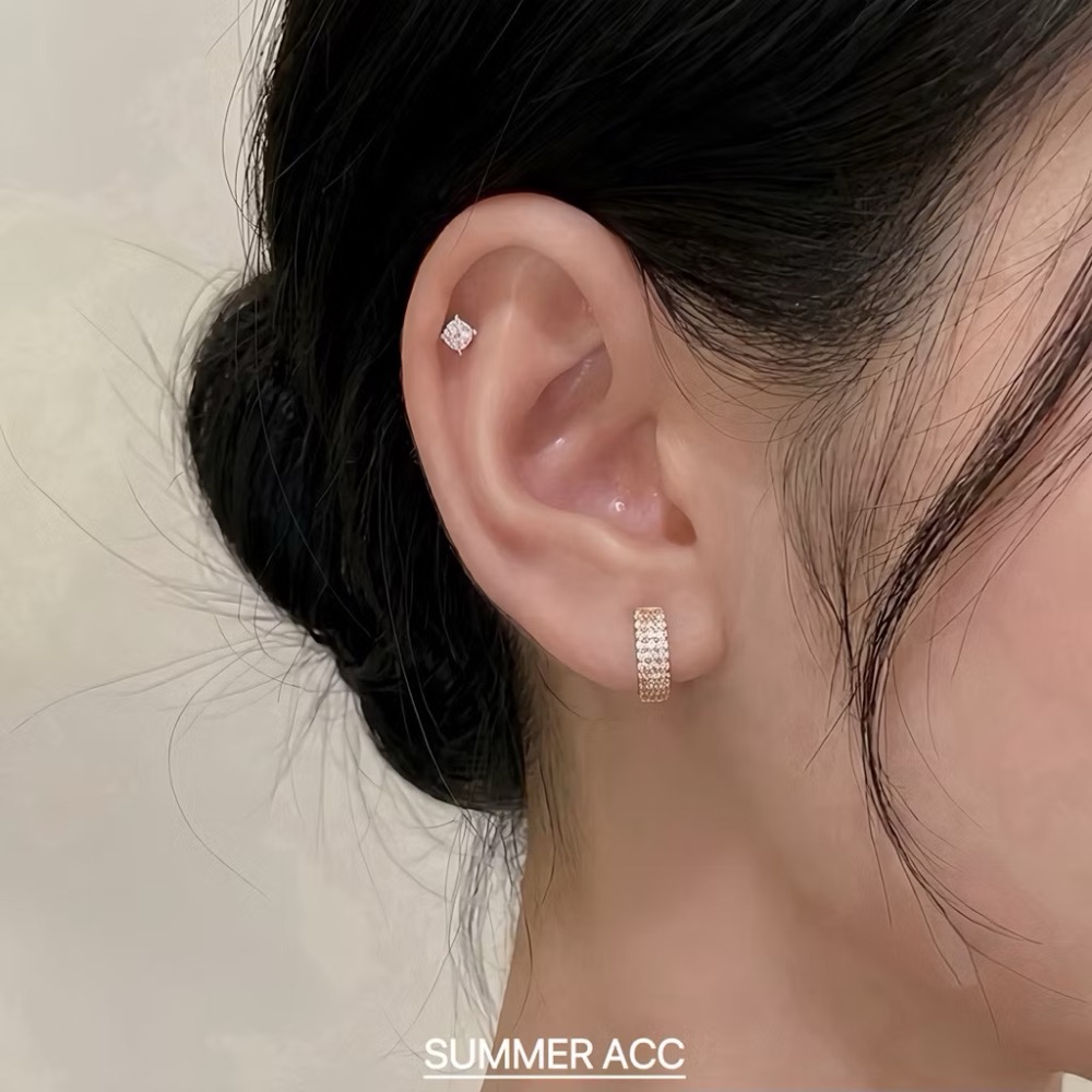 SUMMER韓 銀飾💫［925純銀］輕奢高級感 正韓易扣式 貼耳 極致寛版排鑽耳扣耳環 超閃 純銀耳環 純銀飾品-細節圖8