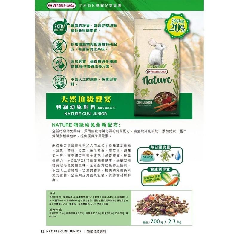 凡賽爾 全新NATURE特級幼兔飼料 700G 兔主食 兔子飼料 兔子主糧  24H出貨 典贊創意-細節圖3