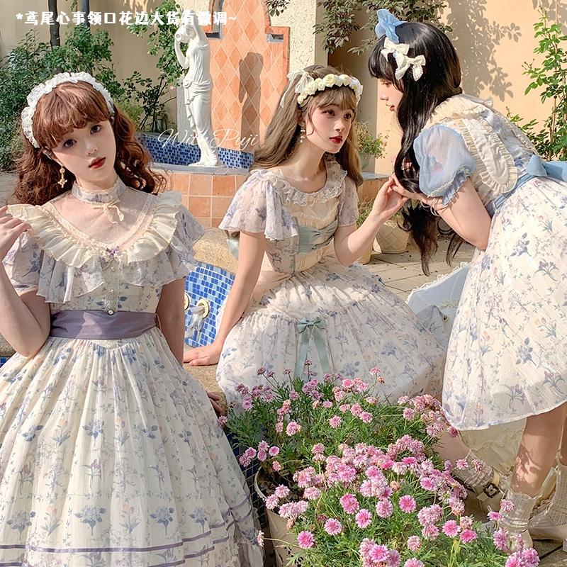 【預購】lolita花園下午茶 小碎花網紗蕾絲花邊蝴蝶結荷葉邊兔耳翻領公主袖短袖洋裝/連身裙/連衣裙 古典甜美蘿莉塔-細節圖2