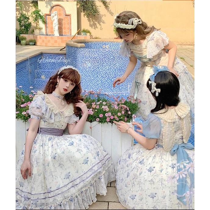 【預購】lolita花園下午茶 小碎花網紗蕾絲花邊蝴蝶結荷葉邊兔耳翻領公主袖短袖洋裝/連身裙/連衣裙 古典甜美蘿莉塔-細節圖3