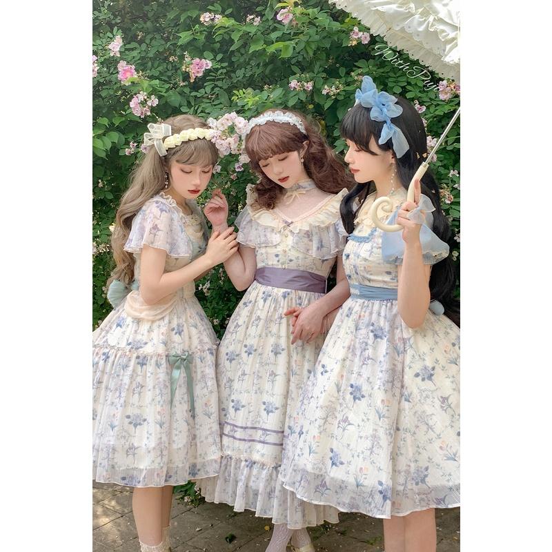 【預購】lolita花園下午茶 小碎花網紗蕾絲花邊蝴蝶結荷葉邊兔耳翻領公主袖短袖洋裝/連身裙/連衣裙 古典甜美蘿莉塔-細節圖4
