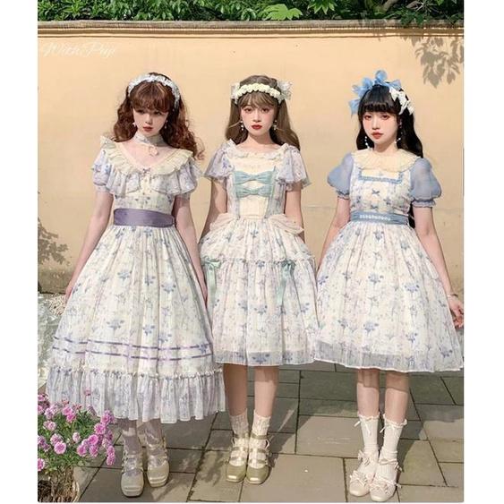 【預購】lolita花園下午茶 小碎花網紗蕾絲花邊蝴蝶結荷葉邊兔耳翻領公主袖短袖洋裝/連身裙/連衣裙 古典甜美蘿莉塔-細節圖5