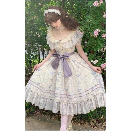 【預購】lolita花園下午茶 小碎花網紗蕾絲花邊蝴蝶結荷葉邊兔耳翻領公主袖短袖洋裝/連身裙/連衣裙 古典甜美蘿莉塔-細節圖6