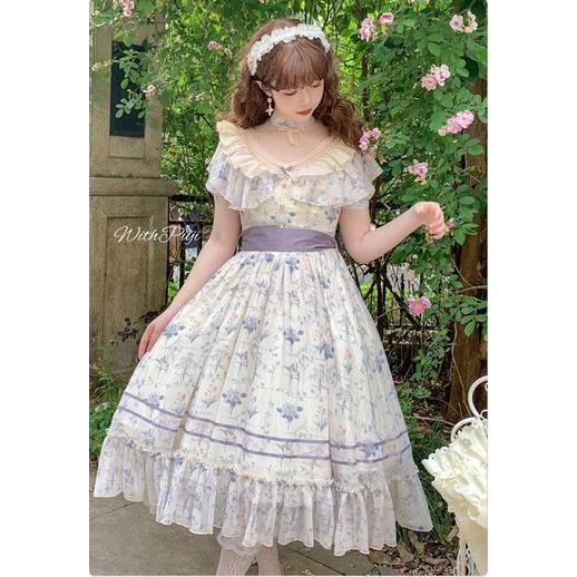 【預購】lolita花園下午茶 小碎花網紗蕾絲花邊蝴蝶結荷葉邊兔耳翻領公主袖短袖洋裝/連身裙/連衣裙 古典甜美蘿莉塔-細節圖7