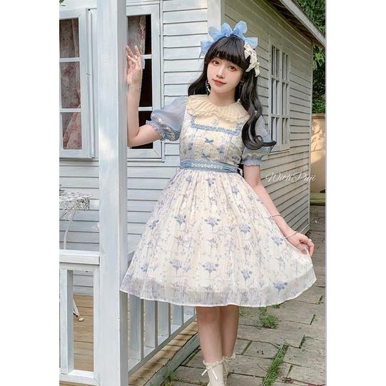 【預購】lolita花園下午茶 小碎花網紗蕾絲花邊蝴蝶結荷葉邊兔耳翻領公主袖短袖洋裝/連身裙/連衣裙 古典甜美蘿莉塔-細節圖8
