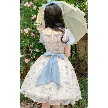 【預購】lolita花園下午茶 小碎花網紗蕾絲花邊蝴蝶結荷葉邊兔耳翻領公主袖短袖洋裝/連身裙/連衣裙 古典甜美蘿莉塔-細節圖9