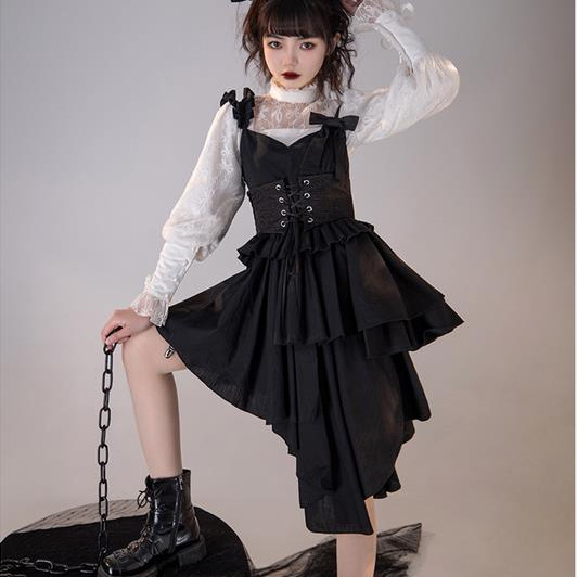 【預購】lolita暗夜魔女 荷葉邊肩帶不規則裙襬吊帶洋裝/連身裙/連衣裙&半身裙/稱裙&綁帶封腰&蝴蝶結 哥德蘿莉塔-細節圖2