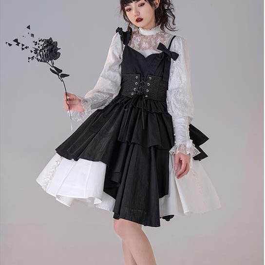 【預購】lolita暗夜魔女 荷葉邊肩帶不規則裙襬吊帶洋裝/連身裙/連衣裙&半身裙/稱裙&綁帶封腰&蝴蝶結 哥德蘿莉塔-細節圖3