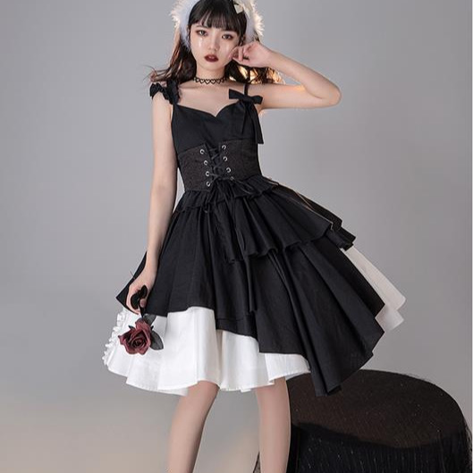 【預購】lolita暗夜魔女 荷葉邊肩帶不規則裙襬吊帶洋裝/連身裙/連衣裙&半身裙/稱裙&綁帶封腰&蝴蝶結 哥德蘿莉塔-細節圖5