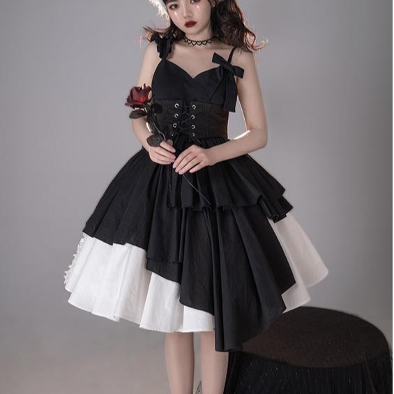 【預購】lolita暗夜魔女 荷葉邊肩帶不規則裙襬吊帶洋裝/連身裙/連衣裙&半身裙/稱裙&綁帶封腰&蝴蝶結 哥德蘿莉塔-細節圖6