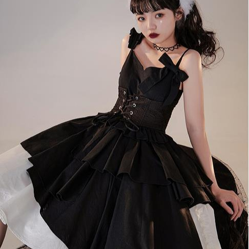 【預購】lolita暗夜魔女 荷葉邊肩帶不規則裙襬吊帶洋裝/連身裙/連衣裙&半身裙/稱裙&綁帶封腰&蝴蝶結 哥德蘿莉塔-細節圖7