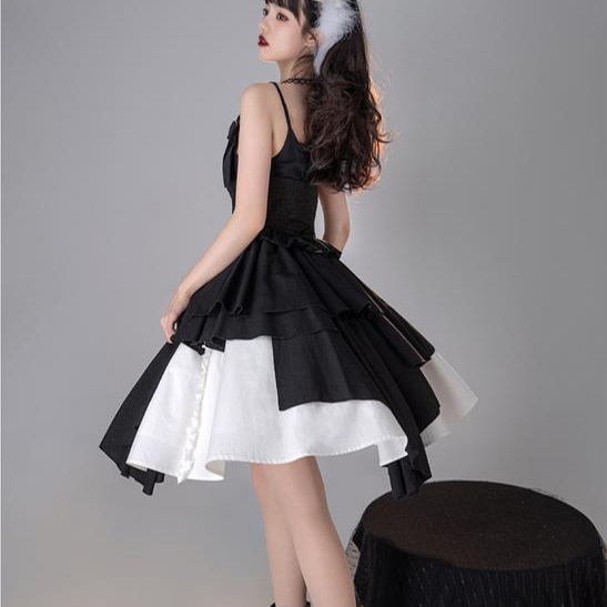 【預購】lolita暗夜魔女 荷葉邊肩帶不規則裙襬吊帶洋裝/連身裙/連衣裙&半身裙/稱裙&綁帶封腰&蝴蝶結 哥德蘿莉塔-細節圖8
