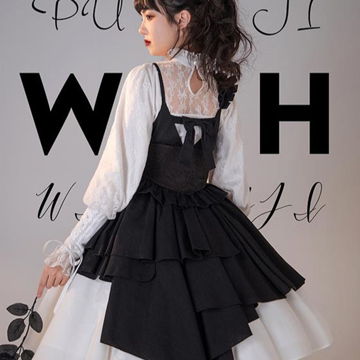 【預購】lolita暗夜魔女 荷葉邊肩帶不規則裙襬吊帶洋裝/連身裙/連衣裙&半身裙/稱裙&綁帶封腰&蝴蝶結 哥德蘿莉塔-細節圖9