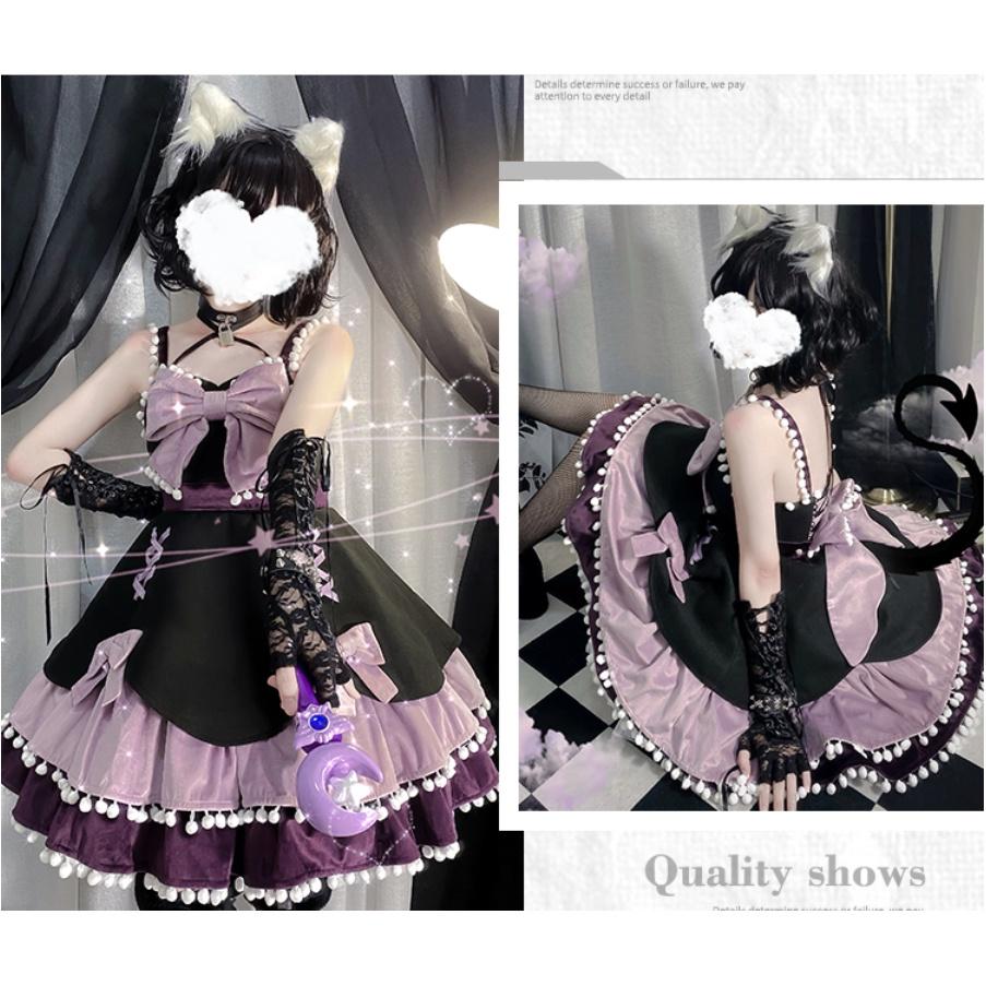 【預購訂做】lloita糖果派對 蝴蝶結球球荷葉邊交叉緞帶系帶綁帶毛呢洋裝/連身裙/連衣裙 日系軟妹 甜美系蘿莉塔-細節圖2