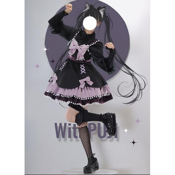 【預購訂做】lloita糖果派對 蝴蝶結球球荷葉邊交叉緞帶系帶綁帶毛呢洋裝/連身裙/連衣裙 日系軟妹 甜美系蘿莉塔-細節圖3