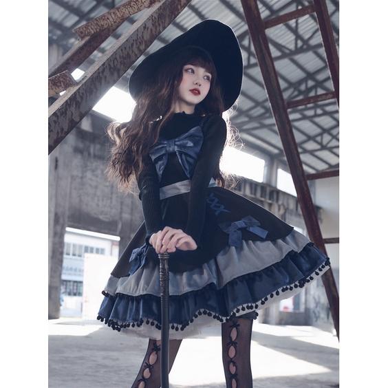 【預購訂做】lloita糖果派對 蝴蝶結球球荷葉邊交叉緞帶系帶綁帶毛呢洋裝/連身裙/連衣裙 日系軟妹 甜美系蘿莉塔-細節圖4