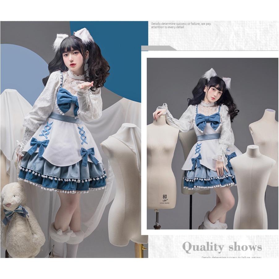 【預購訂做】lloita糖果派對 蝴蝶結球球荷葉邊交叉緞帶系帶綁帶毛呢洋裝/連身裙/連衣裙 日系軟妹 甜美系蘿莉塔-細節圖6