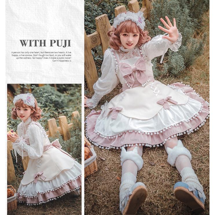 【預購訂做】lloita糖果派對 蝴蝶結球球荷葉邊交叉緞帶系帶綁帶毛呢洋裝/連身裙/連衣裙 日系軟妹 甜美系蘿莉塔-細節圖8