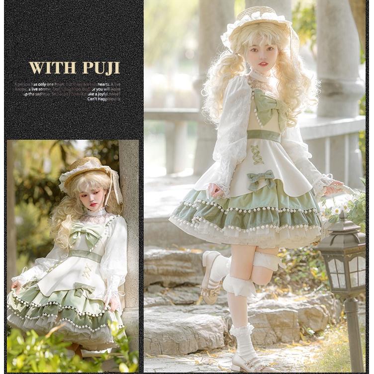 【預購訂做】lloita糖果派對 蝴蝶結球球荷葉邊交叉緞帶系帶綁帶毛呢洋裝/連身裙/連衣裙 日系軟妹 甜美系蘿莉塔-細節圖9