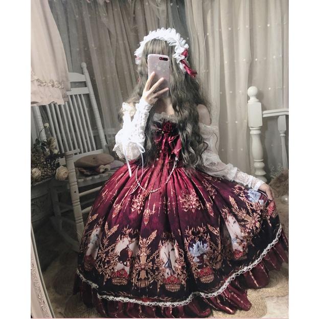 【預購】lolita血色仙杜瑞拉 玫瑰花緞帶蝴蝶結花朵蕾絲花邊荷葉邊珠鍊玻璃舞鞋印花洋裝/連身裙/連衣裙 哥德系蘿莉塔-細節圖2