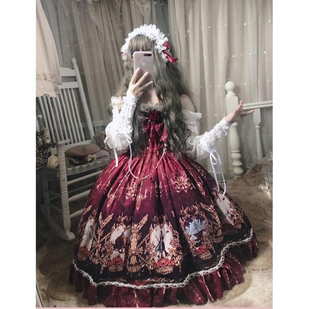 【預購】lolita血色仙杜瑞拉 玫瑰花緞帶蝴蝶結花朵蕾絲花邊荷葉邊珠鍊玻璃舞鞋印花洋裝/連身裙/連衣裙 哥德系蘿莉塔-細節圖3