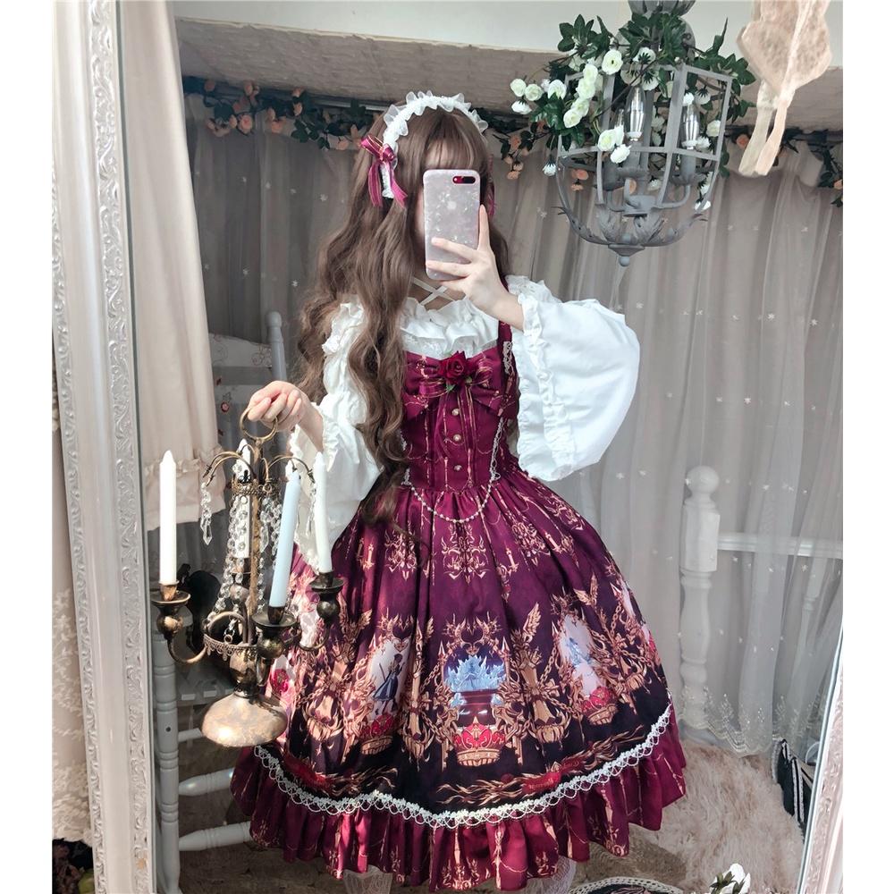 【預購】lolita血色仙杜瑞拉 玫瑰花緞帶蝴蝶結花朵蕾絲花邊荷葉邊珠鍊玻璃舞鞋印花洋裝/連身裙/連衣裙 哥德系蘿莉塔-細節圖4