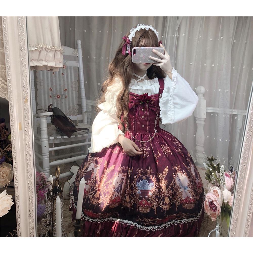 【預購】lolita血色仙杜瑞拉 玫瑰花緞帶蝴蝶結花朵蕾絲花邊荷葉邊珠鍊玻璃舞鞋印花洋裝/連身裙/連衣裙 哥德系蘿莉塔-細節圖5