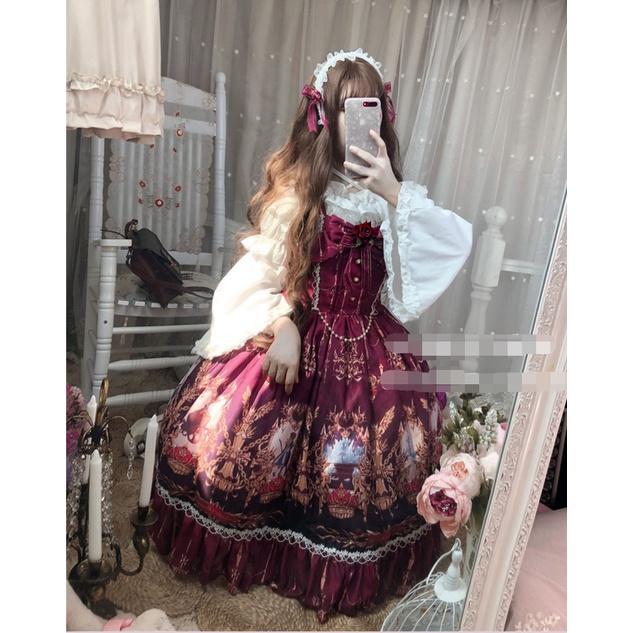 【預購】lolita血色仙杜瑞拉 玫瑰花緞帶蝴蝶結花朵蕾絲花邊荷葉邊珠鍊玻璃舞鞋印花洋裝/連身裙/連衣裙 哥德系蘿莉塔-細節圖6