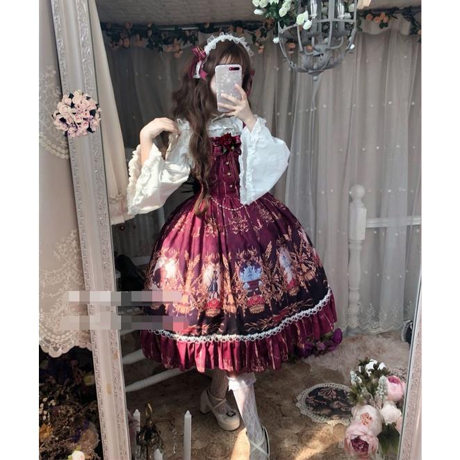 【預購】lolita血色仙杜瑞拉 玫瑰花緞帶蝴蝶結花朵蕾絲花邊荷葉邊珠鍊玻璃舞鞋印花洋裝/連身裙/連衣裙 哥德系蘿莉塔-細節圖7