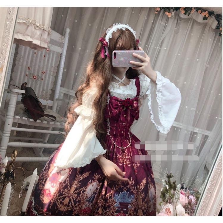 【預購】lolita血色仙杜瑞拉 玫瑰花緞帶蝴蝶結花朵蕾絲花邊荷葉邊珠鍊玻璃舞鞋印花洋裝/連身裙/連衣裙 哥德系蘿莉塔-細節圖8