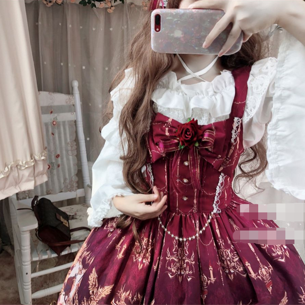 【預購】lolita血色仙杜瑞拉 玫瑰花緞帶蝴蝶結花朵蕾絲花邊荷葉邊珠鍊玻璃舞鞋印花洋裝/連身裙/連衣裙 哥德系蘿莉塔-細節圖10