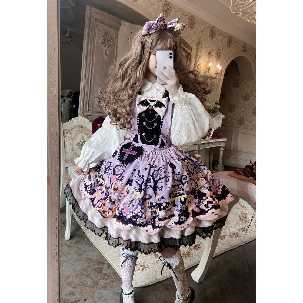 【預購訂做】lolita萬聖糖果派對 兔子貓咪南瓜蛋糕印花蝙蝠翅膀背帶蝴蝶結十字架愛心鏈條蕾絲花邊洋裝&毛絨貓耳斗篷-細節圖2