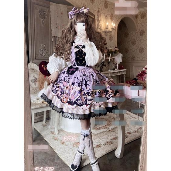 【預購訂做】lolita萬聖糖果派對 兔子貓咪南瓜蛋糕印花蝙蝠翅膀背帶蝴蝶結十字架愛心鏈條蕾絲花邊洋裝&毛絨貓耳斗篷-細節圖3