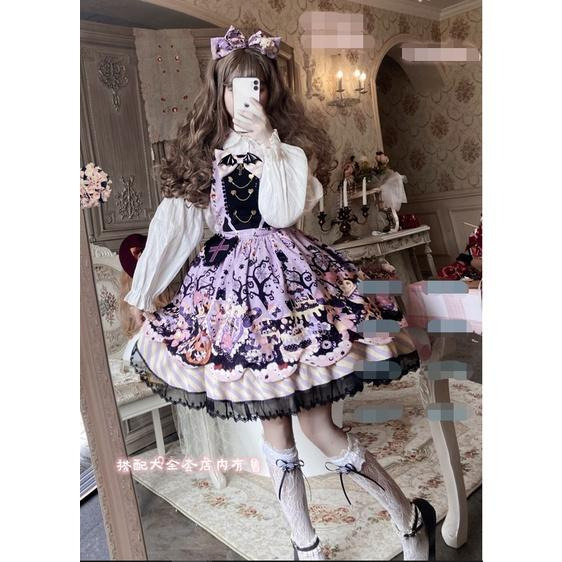 【預購訂做】lolita萬聖糖果派對 兔子貓咪南瓜蛋糕印花蝙蝠翅膀背帶蝴蝶結十字架愛心鏈條蕾絲花邊洋裝&毛絨貓耳斗篷-細節圖4