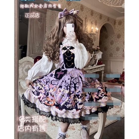 【預購訂做】lolita萬聖糖果派對 兔子貓咪南瓜蛋糕印花蝙蝠翅膀背帶蝴蝶結十字架愛心鏈條蕾絲花邊洋裝&毛絨貓耳斗篷-細節圖5