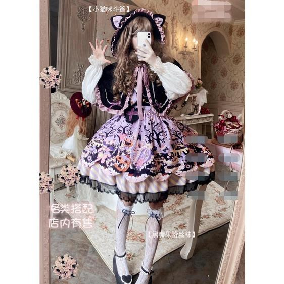 【預購訂做】lolita萬聖糖果派對 兔子貓咪南瓜蛋糕印花蝙蝠翅膀背帶蝴蝶結十字架愛心鏈條蕾絲花邊洋裝&毛絨貓耳斗篷-細節圖6