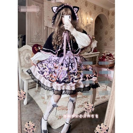 【預購訂做】lolita萬聖糖果派對 兔子貓咪南瓜蛋糕印花蝙蝠翅膀背帶蝴蝶結十字架愛心鏈條蕾絲花邊洋裝&毛絨貓耳斗篷-細節圖7