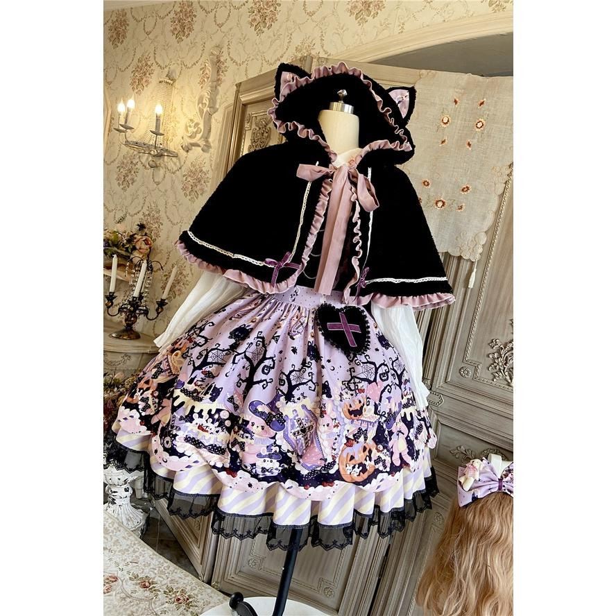 【預購訂做】lolita萬聖糖果派對 兔子貓咪南瓜蛋糕印花蝙蝠翅膀背帶蝴蝶結十字架愛心鏈條蕾絲花邊洋裝&毛絨貓耳斗篷-細節圖9