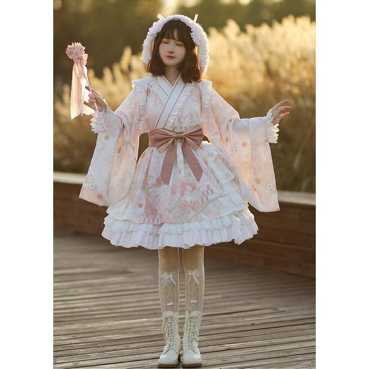 【預購訂做】lolita戀戀春櫻 蕾絲花邊荷葉邊木耳邊和服/洋裝/連身裙/連衣裙 日系軟妹 甜美系蘿莉塔 和風蘿莉塔-細節圖2