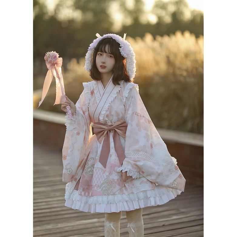【預購訂做】lolita戀戀春櫻 蕾絲花邊荷葉邊木耳邊和服/洋裝/連身裙/連衣裙 日系軟妹 甜美系蘿莉塔 和風蘿莉塔-細節圖3