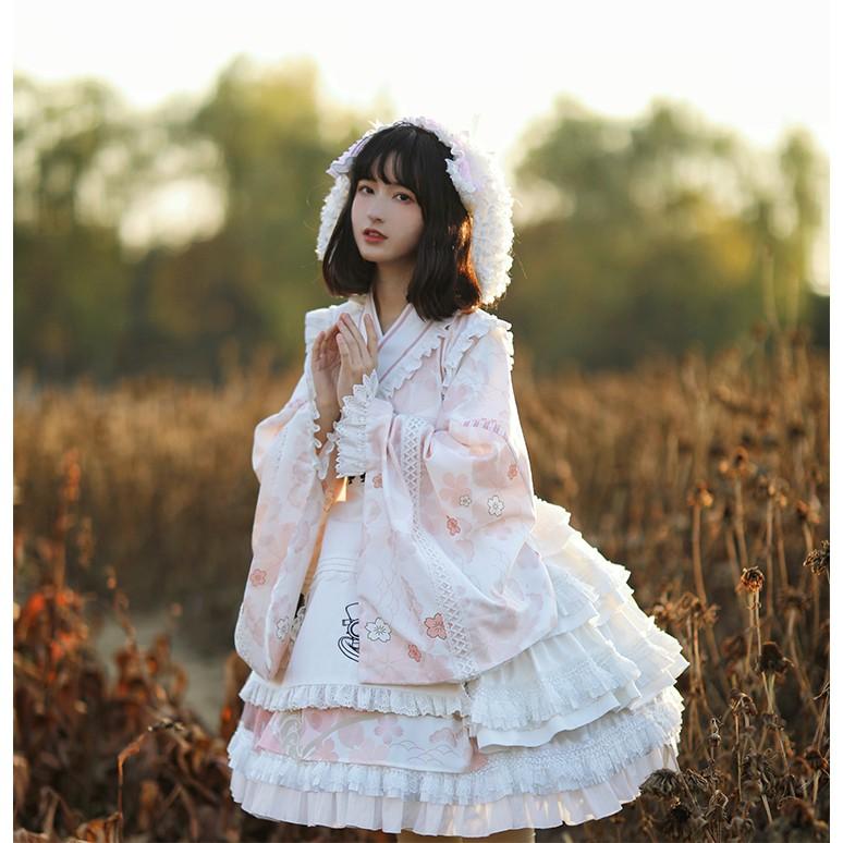 【預購訂做】lolita戀戀春櫻 蕾絲花邊荷葉邊木耳邊和服/洋裝/連身裙/連衣裙 日系軟妹 甜美系蘿莉塔 和風蘿莉塔-細節圖4