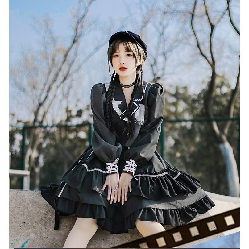 【預購】lolita搖滾車手 蕾絲邊愛心荷葉邊反光條綁帶蝴蝶結羊腿袖長袖上衣&半身裙套裝 日系硬妹 暗黑哥德蘿莉塔-細節圖3