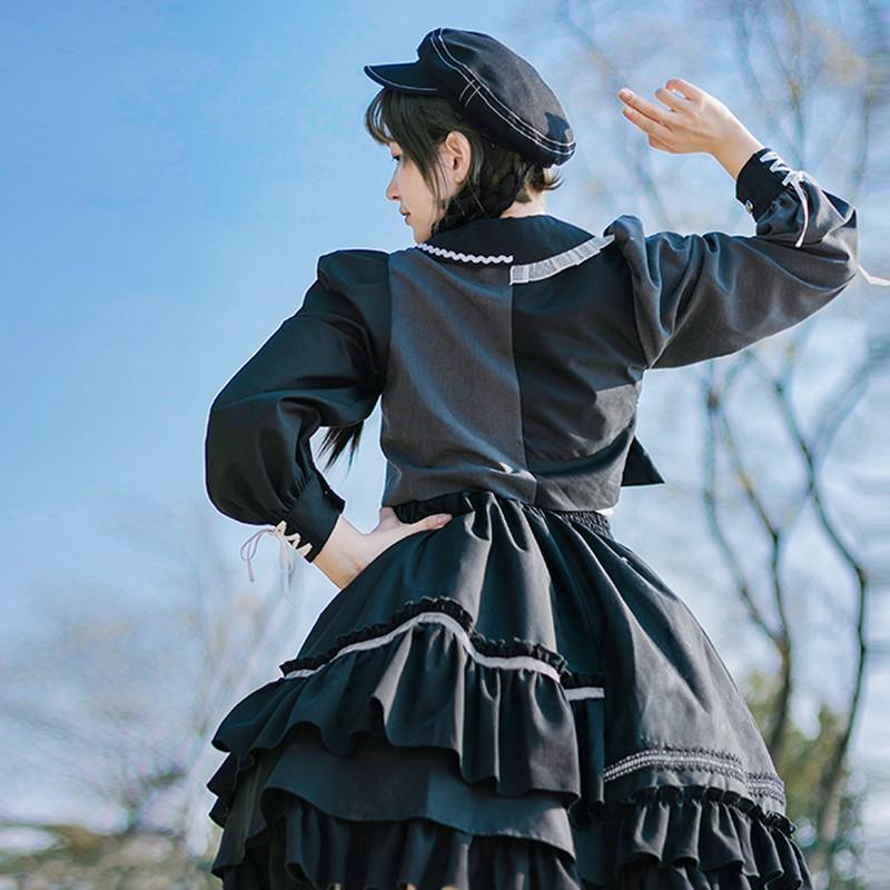 【預購】lolita搖滾車手 蕾絲邊愛心荷葉邊反光條綁帶蝴蝶結羊腿袖長袖上衣&半身裙套裝 日系硬妹 暗黑哥德蘿莉塔-細節圖4