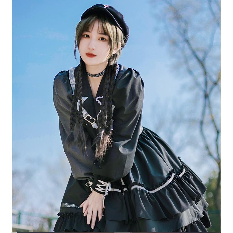 【預購】lolita搖滾車手 蕾絲邊愛心荷葉邊反光條綁帶蝴蝶結羊腿袖長袖上衣&半身裙套裝 日系硬妹 暗黑哥德蘿莉塔-細節圖5