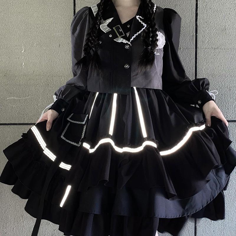 【預購】lolita搖滾車手 蕾絲邊愛心荷葉邊反光條綁帶蝴蝶結羊腿袖長袖上衣&半身裙套裝 日系硬妹 暗黑哥德蘿莉塔-細節圖6