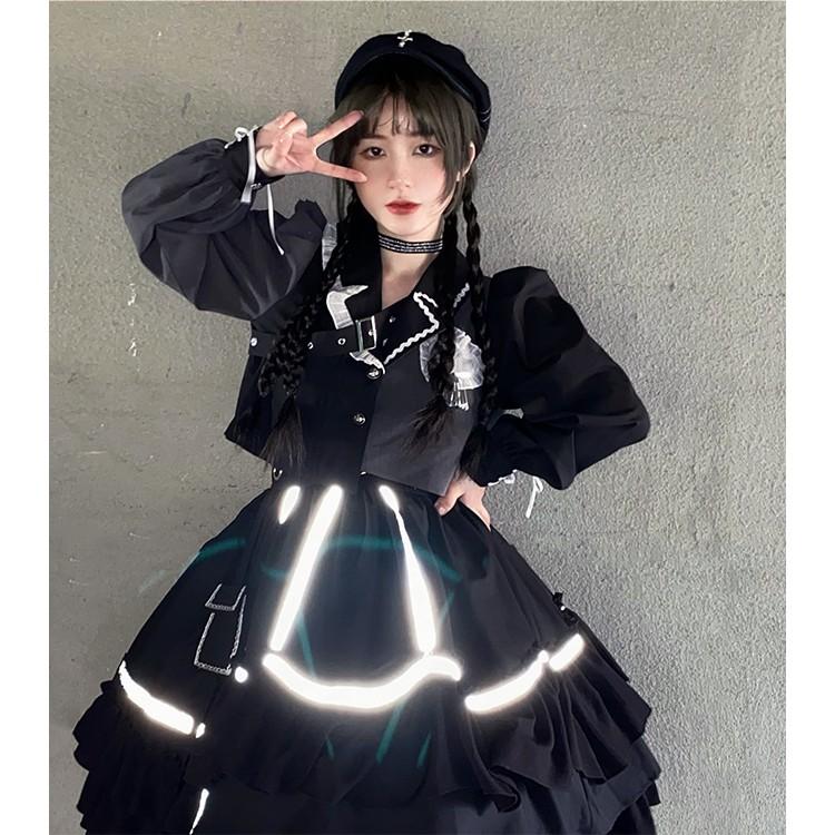 【預購】lolita搖滾車手 蕾絲邊愛心荷葉邊反光條綁帶蝴蝶結羊腿袖長袖上衣&半身裙套裝 日系硬妹 暗黑哥德蘿莉塔-細節圖7