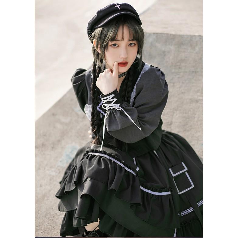 【預購】lolita搖滾車手 蕾絲邊愛心荷葉邊反光條綁帶蝴蝶結羊腿袖長袖上衣&半身裙套裝 日系硬妹 暗黑哥德蘿莉塔-細節圖8